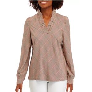 Women’s size petite medium Crown & Ivy pink/burgandy top with ruffled neckline